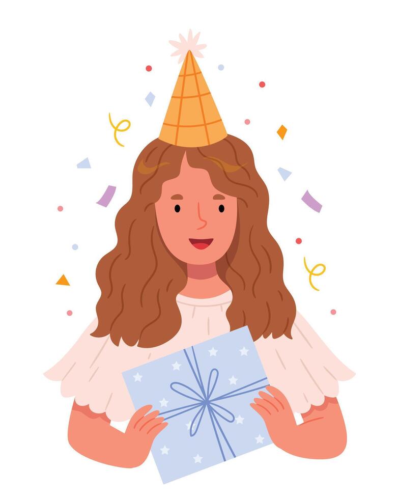 un niña en un fiesta gorra es participación un regalo caja.cumpleaños. festivo humor. pastel colores. mano dibujar. vector