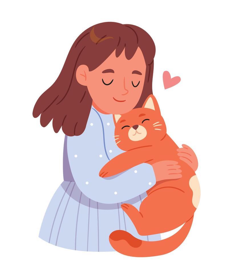 Smiling kid, holding adorable pet red cat . Child cartoon character with cat. Childhood domestic animal kitty.Hug Day. vector