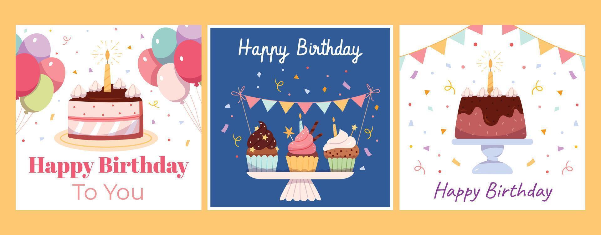 A set of birthday cards. Cakes, cupcakes, fireworks, confetti, balloons vector