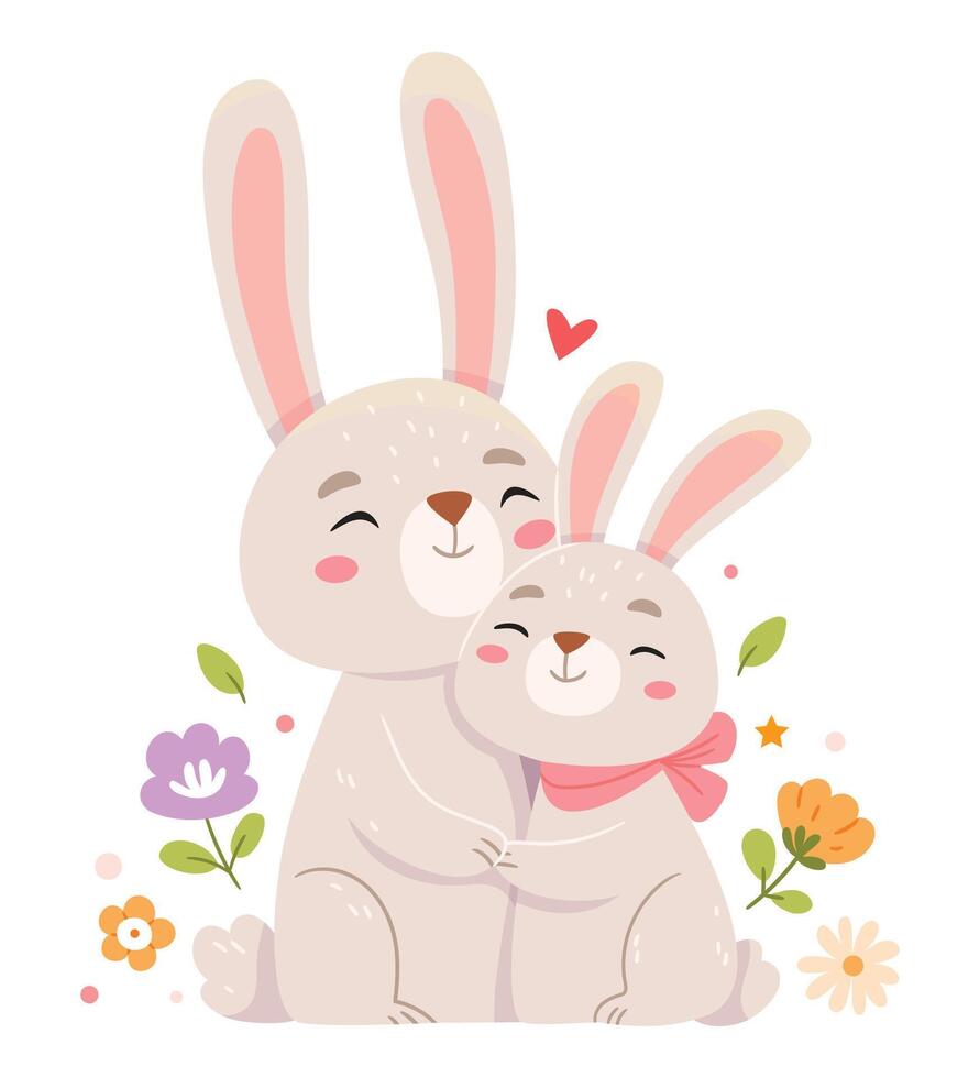 Rabbits hug.Two lovely cartoon rabbits. Happy animals.Hug Day. vector