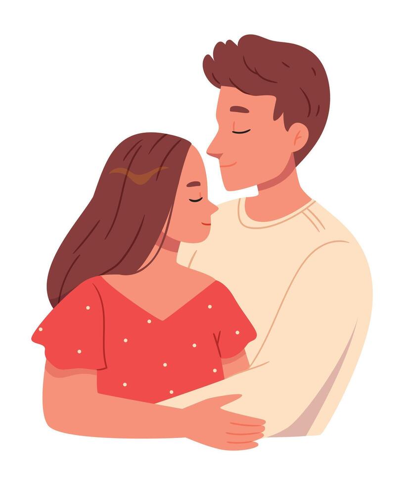 Love tenderness and romantic feelings concept. Young loving smiling couple boy and girl standing hugging embracing each other feeling in love illustration vector