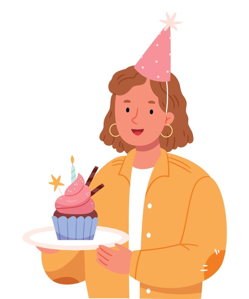 un niña en un festivo gorra sostiene un magdalena con un vela.cumpleaños. festivo humor. pastel colores. mano dibujar. vector