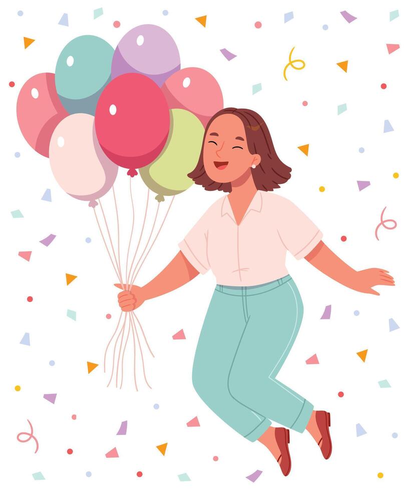 Happy girl jumps with happiness and holds balloons in her hands.Birthday. Festive mood. Pastel colors. Hand draw. vector
