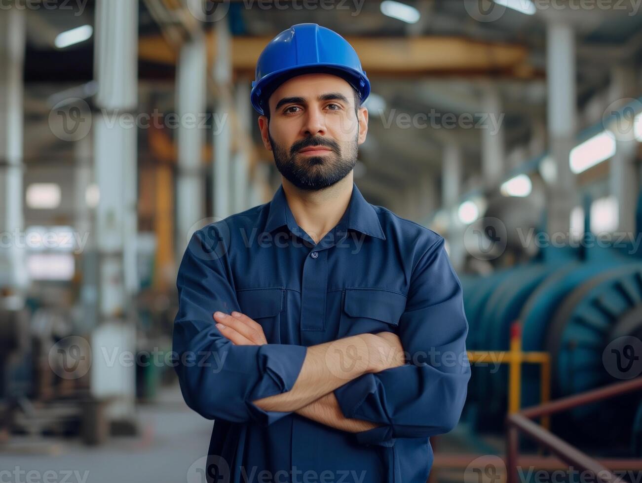 Portrait of industry maintenance engineer in blue with focused gaze photo