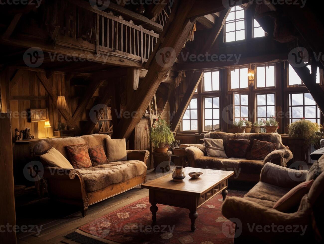 A cozy room with couches and a table. Mountain guesthouse in the Romanian countryside. Authentic interior of a wooden house photo