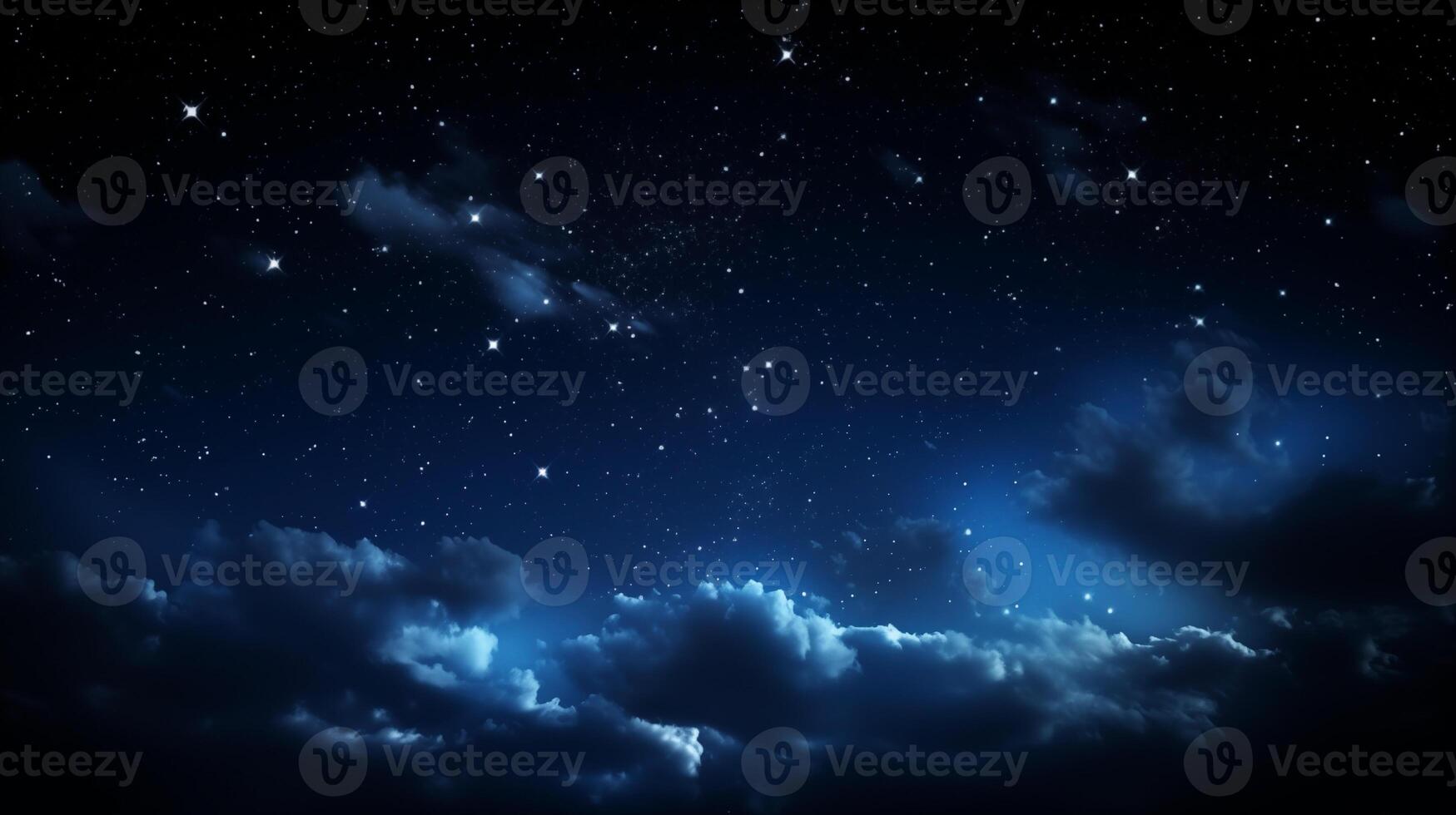 Dramatic night sky background with glowing stars and dynamic cloud formations photo