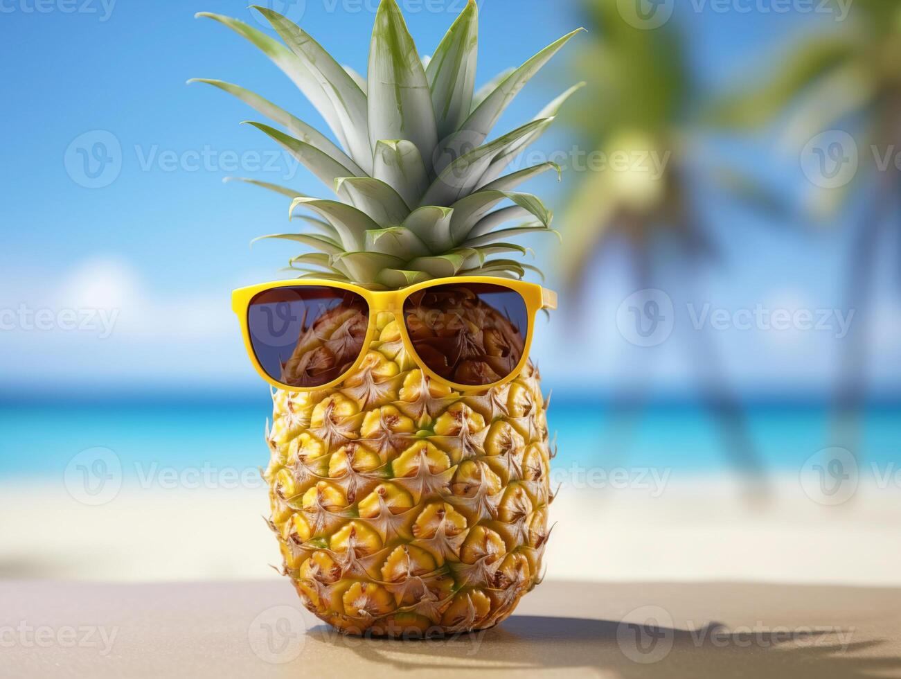 Quirky pineapple with sunglasses on a tropical beach during summer. Summer vacation concept photo