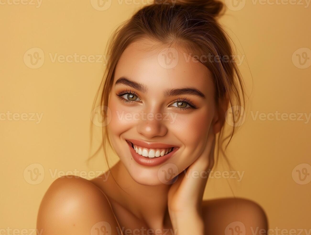 Radiant portrait of woman with glowing skin and a captivating smile photo
