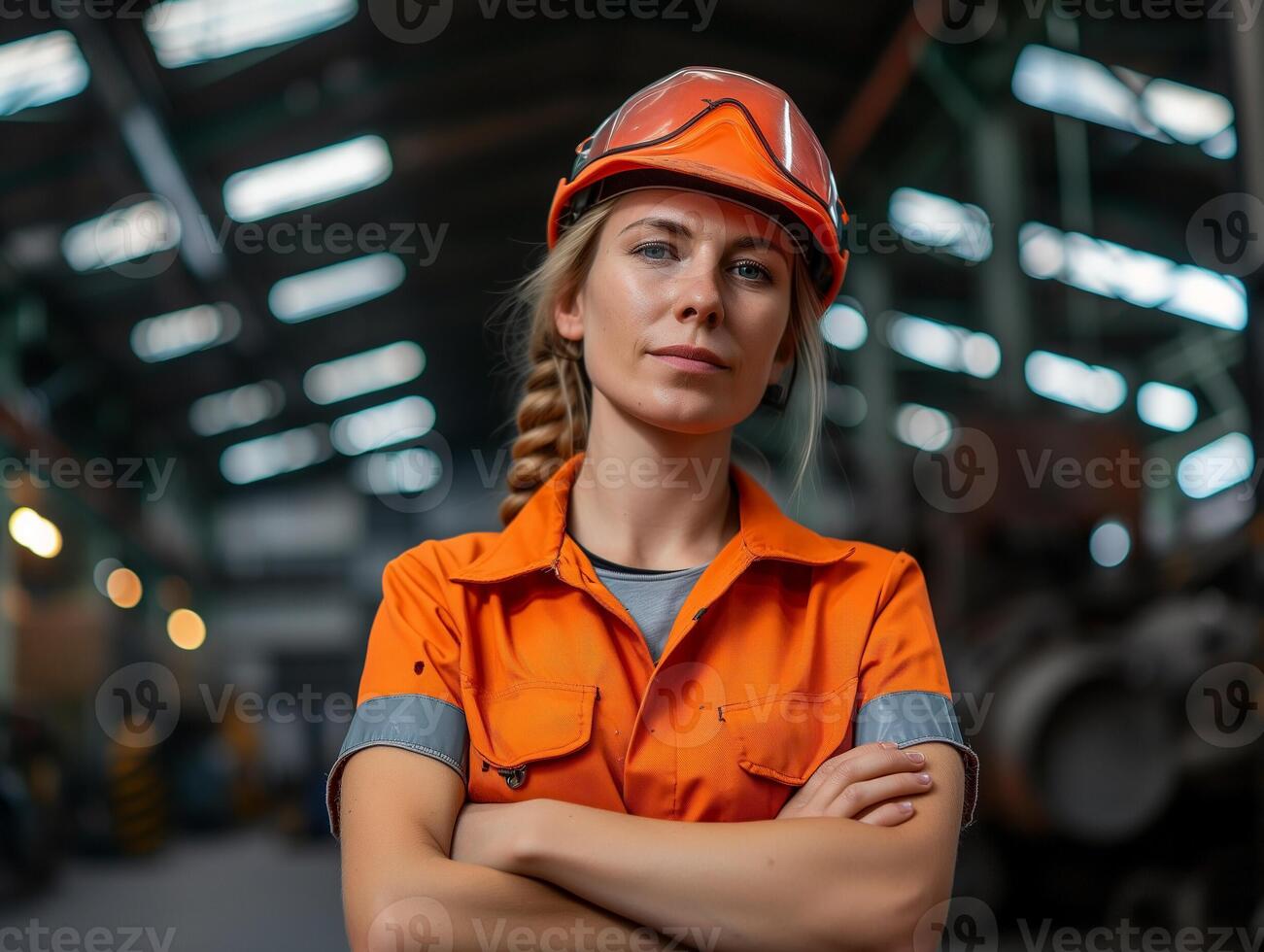 enfocado hembra ingeniero en naranja la seguridad engranaje a fabricación planta foto