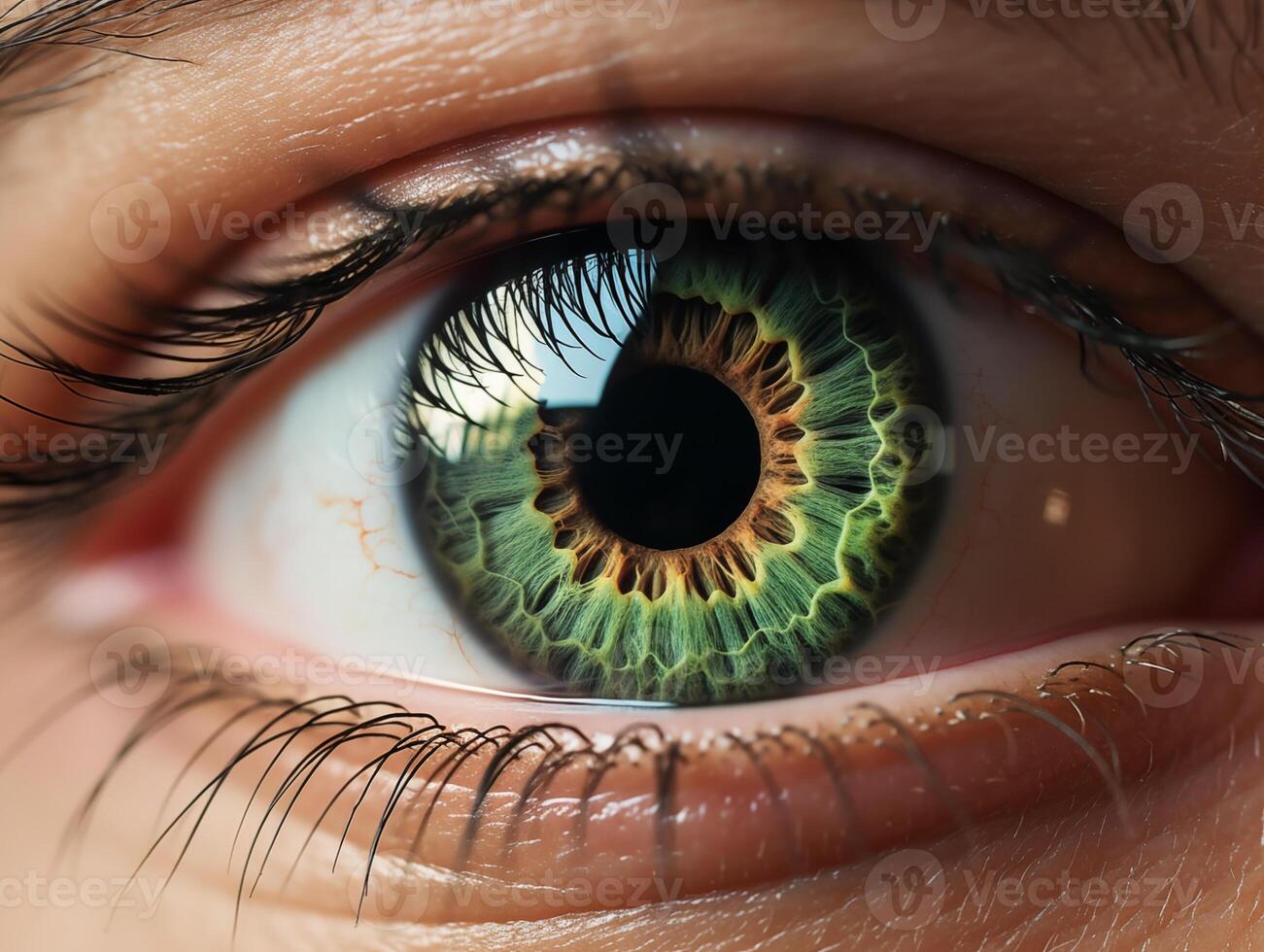 Closeup of an eye with green and yellow iris, detailed texture visible photo