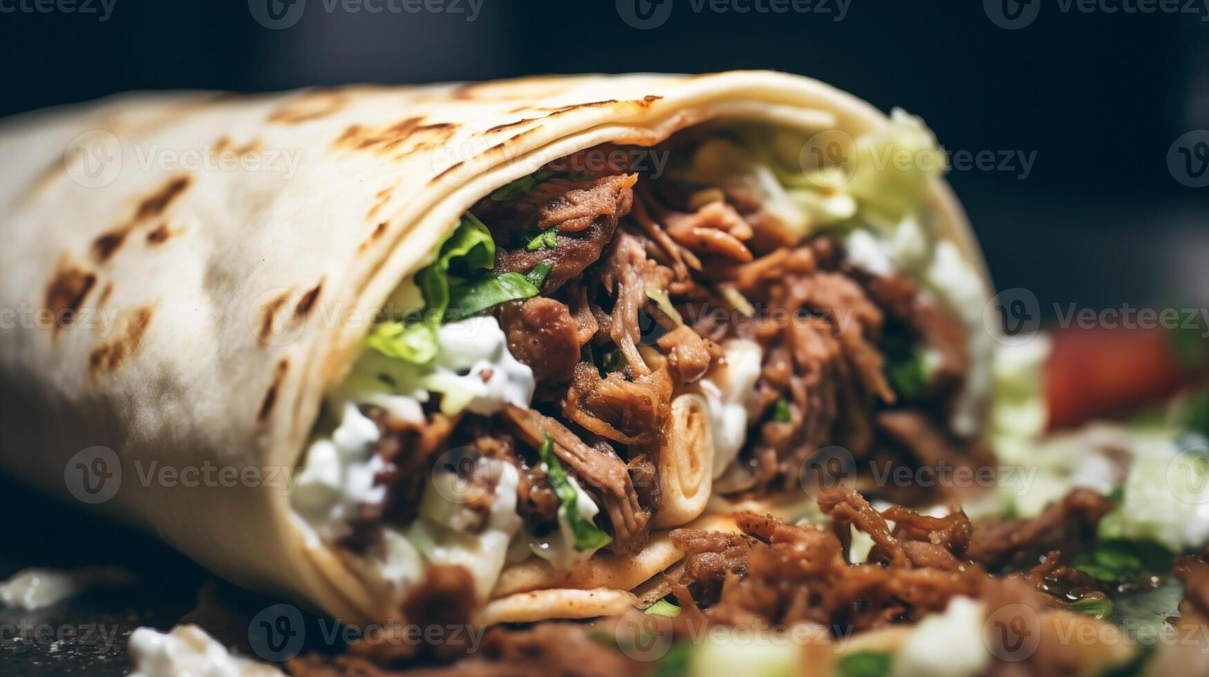 Extreme close-up of tasty shawarma. Food photography photo