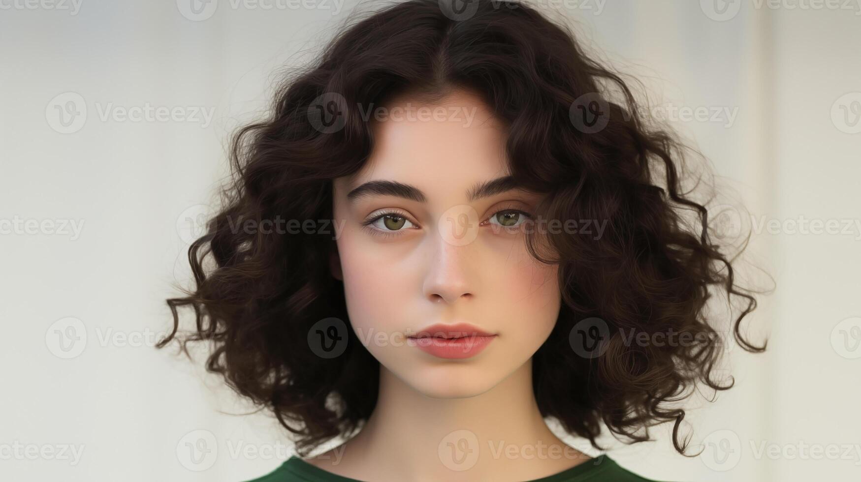 Beautiful teen girl with green eyes, black curly hair, naive facial expression close-up. Natural beauty with glowing healthy skin. Advertising of cosmetics, perfumes photo