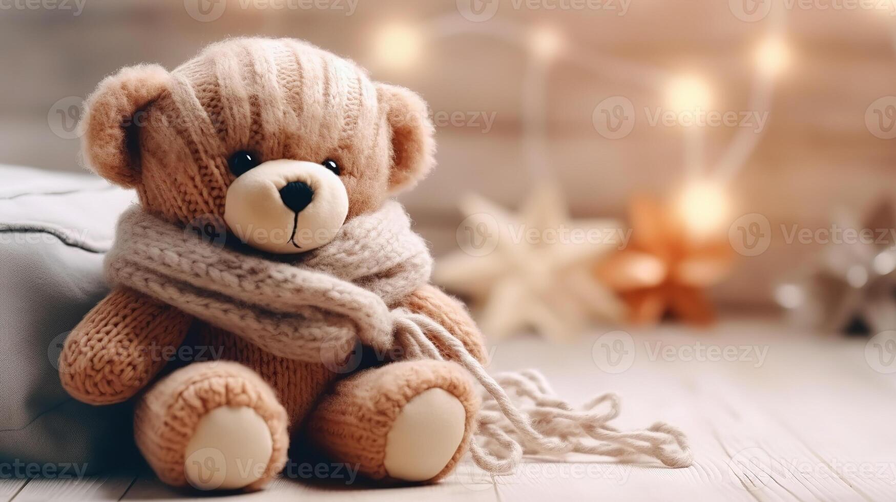 Navidad decoración, osito de peluche oso de cerca en el antecedentes de un acogedor interior foto