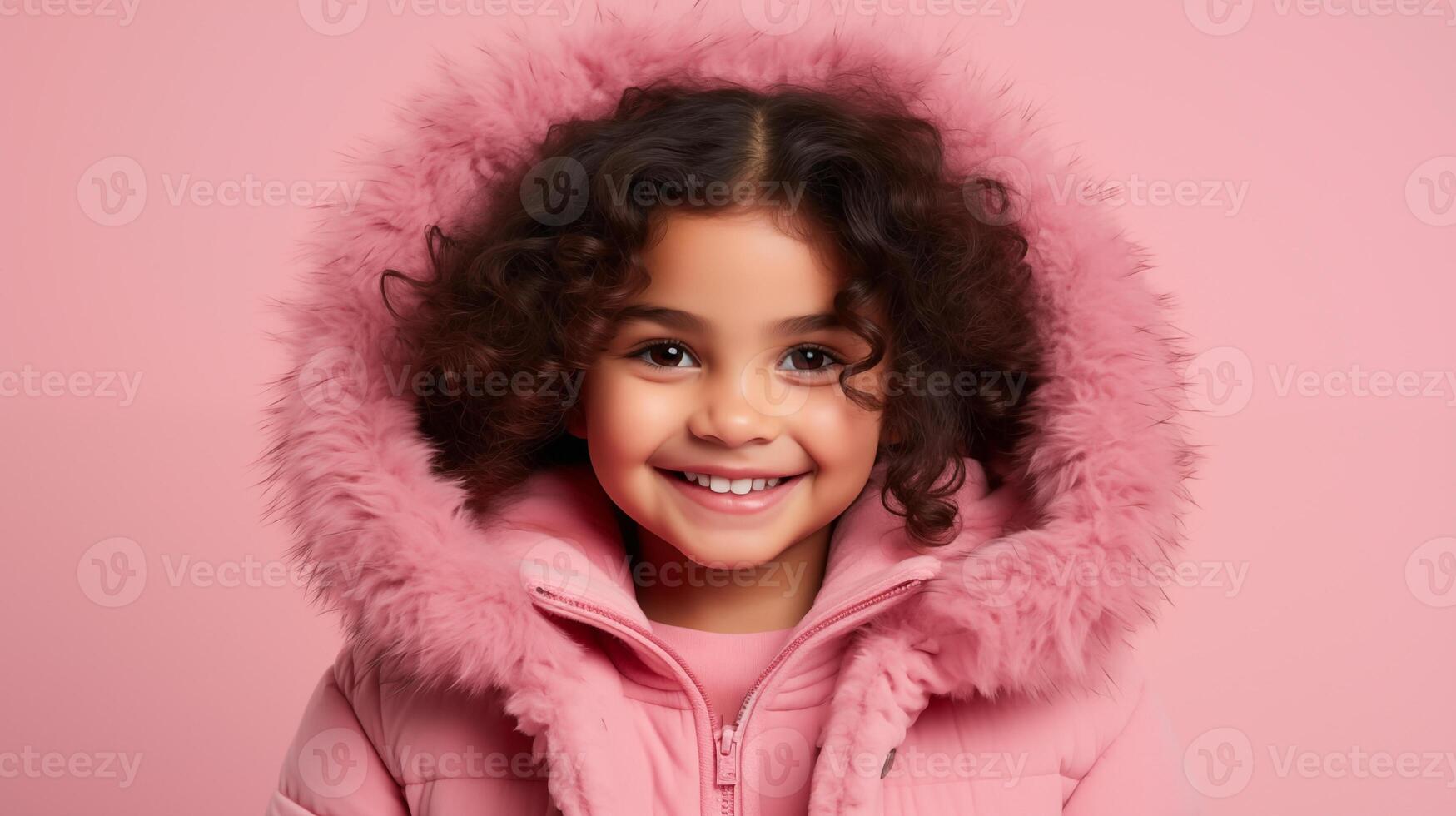 contento mezclado carrera niña en rosado invierno Saco con piel capucha, publicidad espacio foto