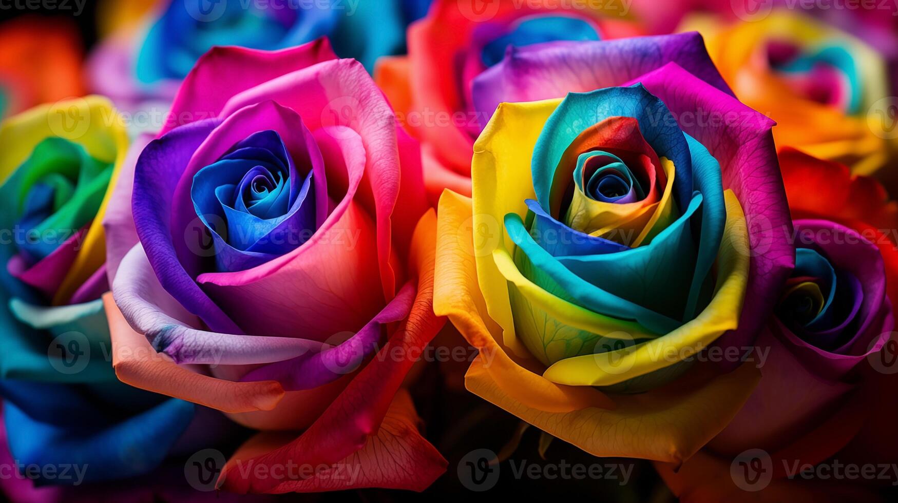 Rainbow-colored roses with water droplets on a vibrant background photo