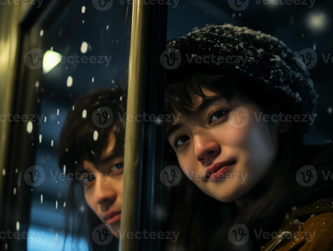 retrato de joven asiático hombre y mujer mirando a el nieve mediante tren ventana foto