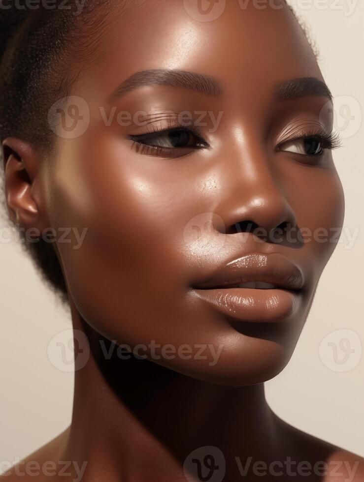 Portrait of a young black woman with skin details close-up. Natural beauty of a cute model. Advertising of cosmetics, perfumes photo