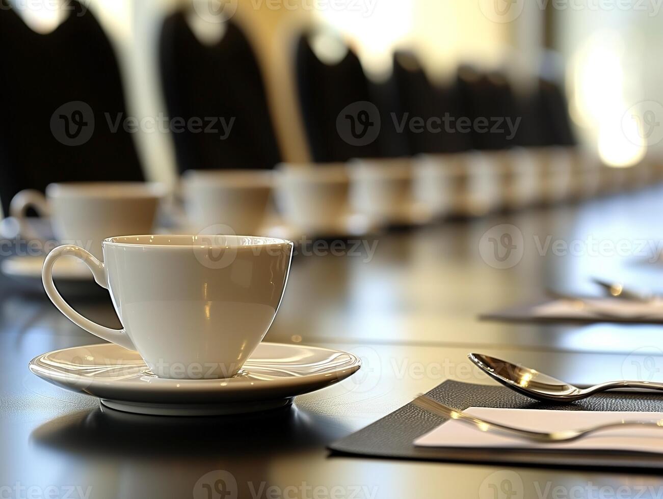 café taza en sala del consejo mesa con negocio reunión en borroso antecedentes foto