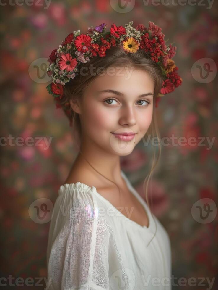 Young girl with red floral headpiece poses before an intricate backdrop photo
