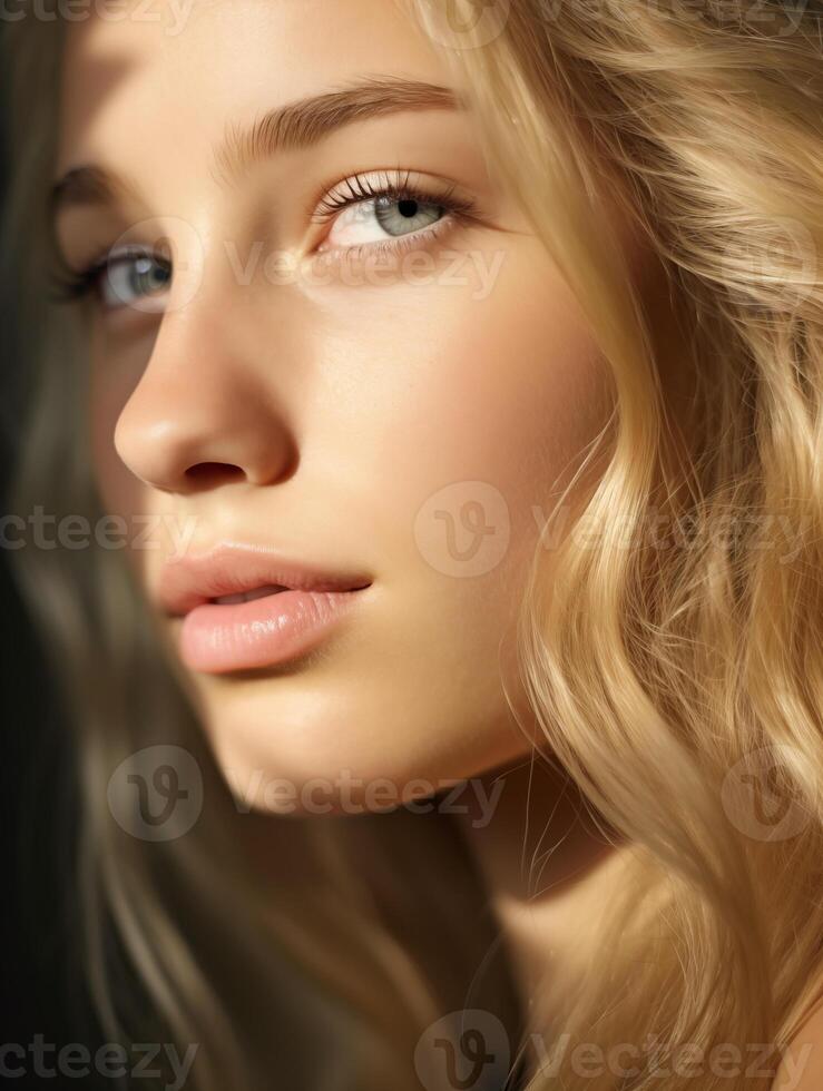 Beautiful young woman with blond hair and blue eyes. Natural beauty close-up of a top model with glowing healthy skin photo