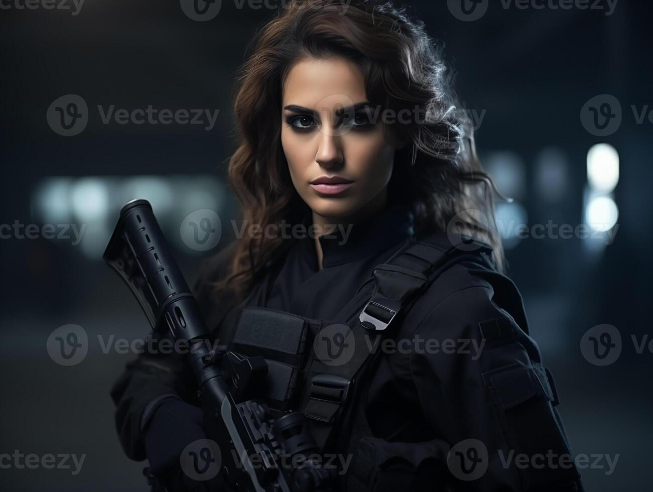 Female police officer at work close-up. Woman career concept photo