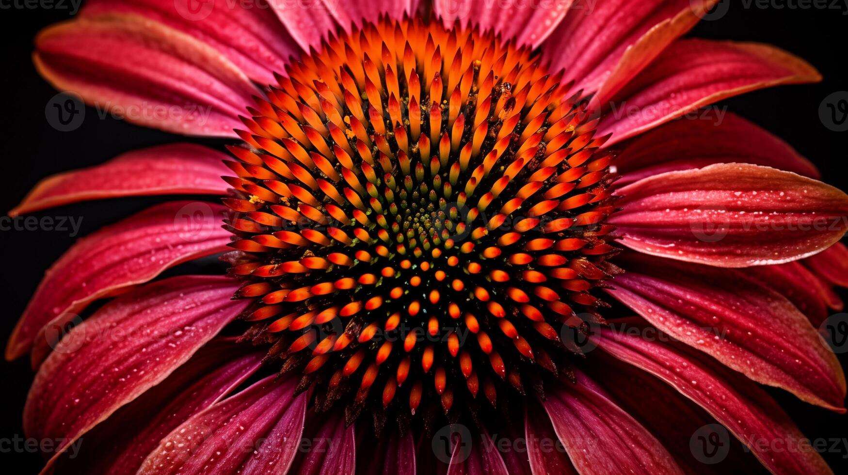 Macro view of a red echinacea flower with dew on its petals photo