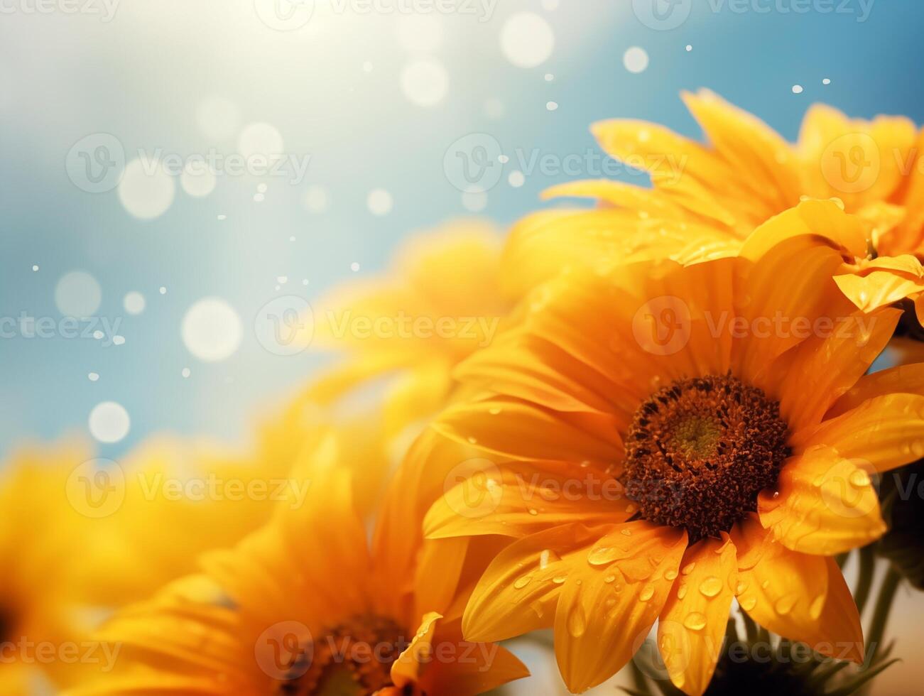 Bright yellow sunflowers with dew against a sparkling blue sky photo