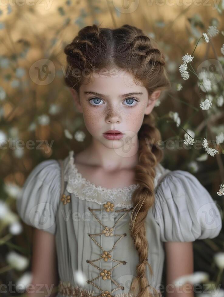 Young girl in vintage dress among white flowers photo