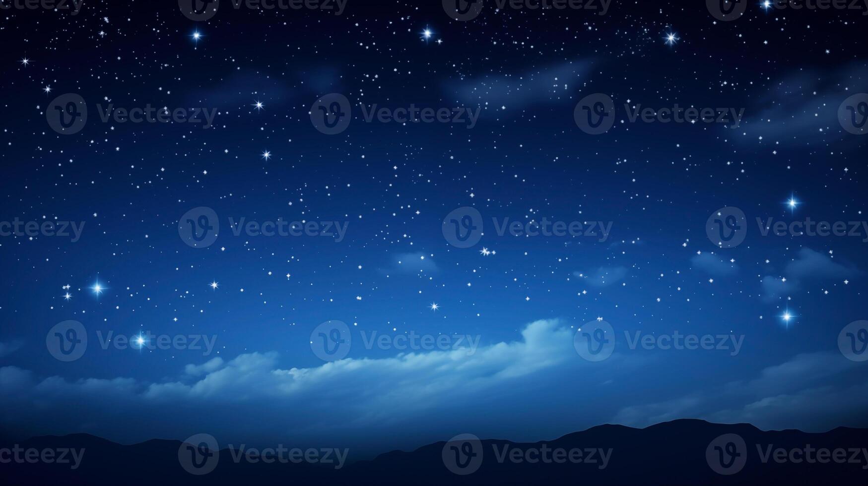 Gleaming starry background with blue night sky and mountain silhouette photo
