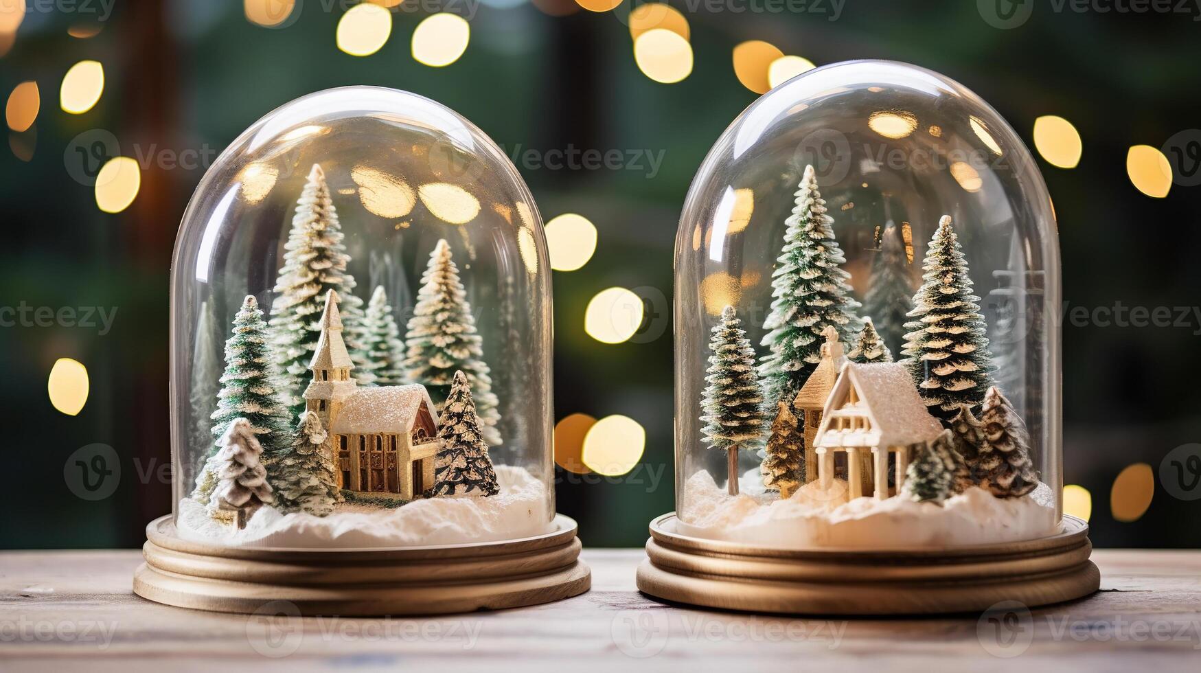 House and spruce forest in a glass ball, Christmas concept photo