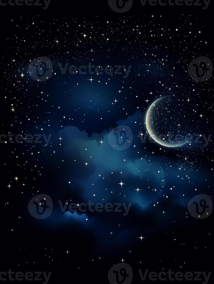 Moonlit night with a crescent moon amidst stars on a dark background photo