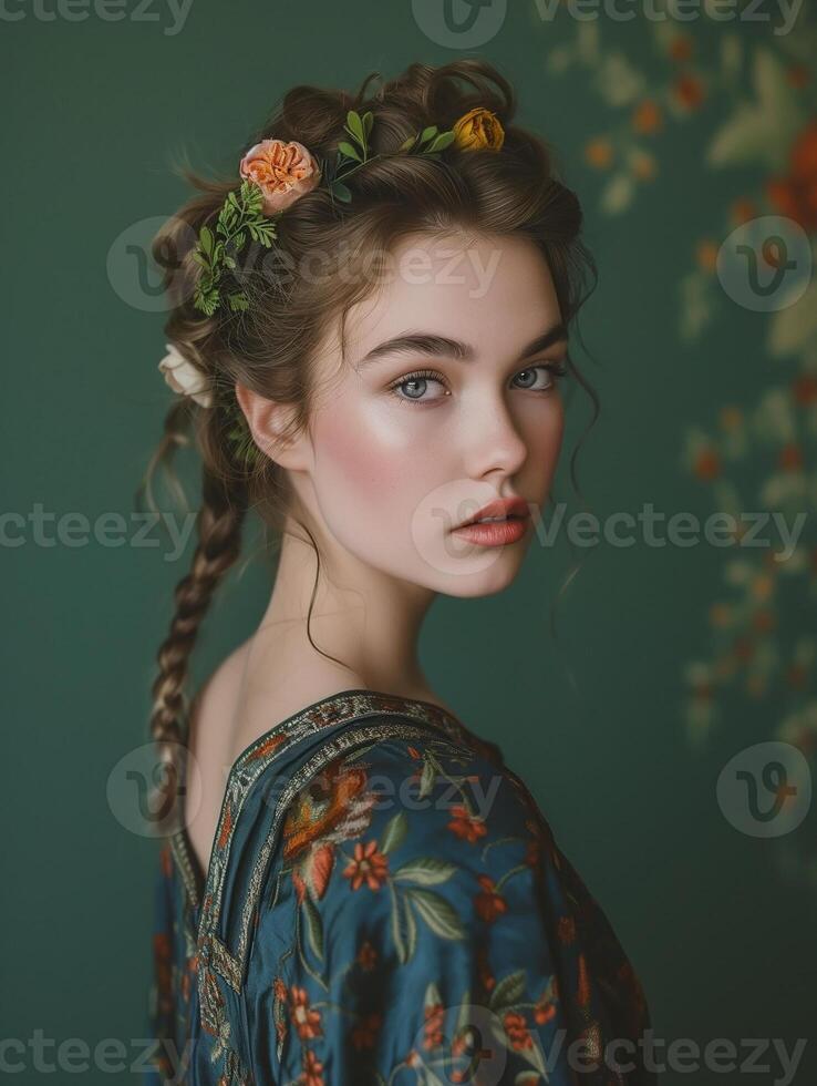 Graceful young woman with floral hairstyle against green background photo