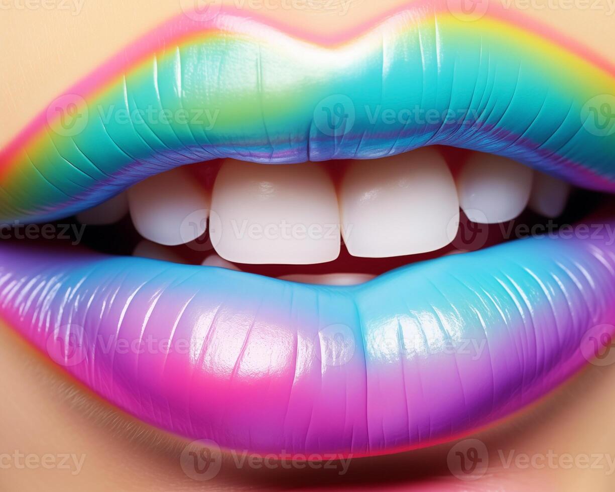 Closeup of vibrant rainbow-colored lips with glossy finish, bold beauty photo