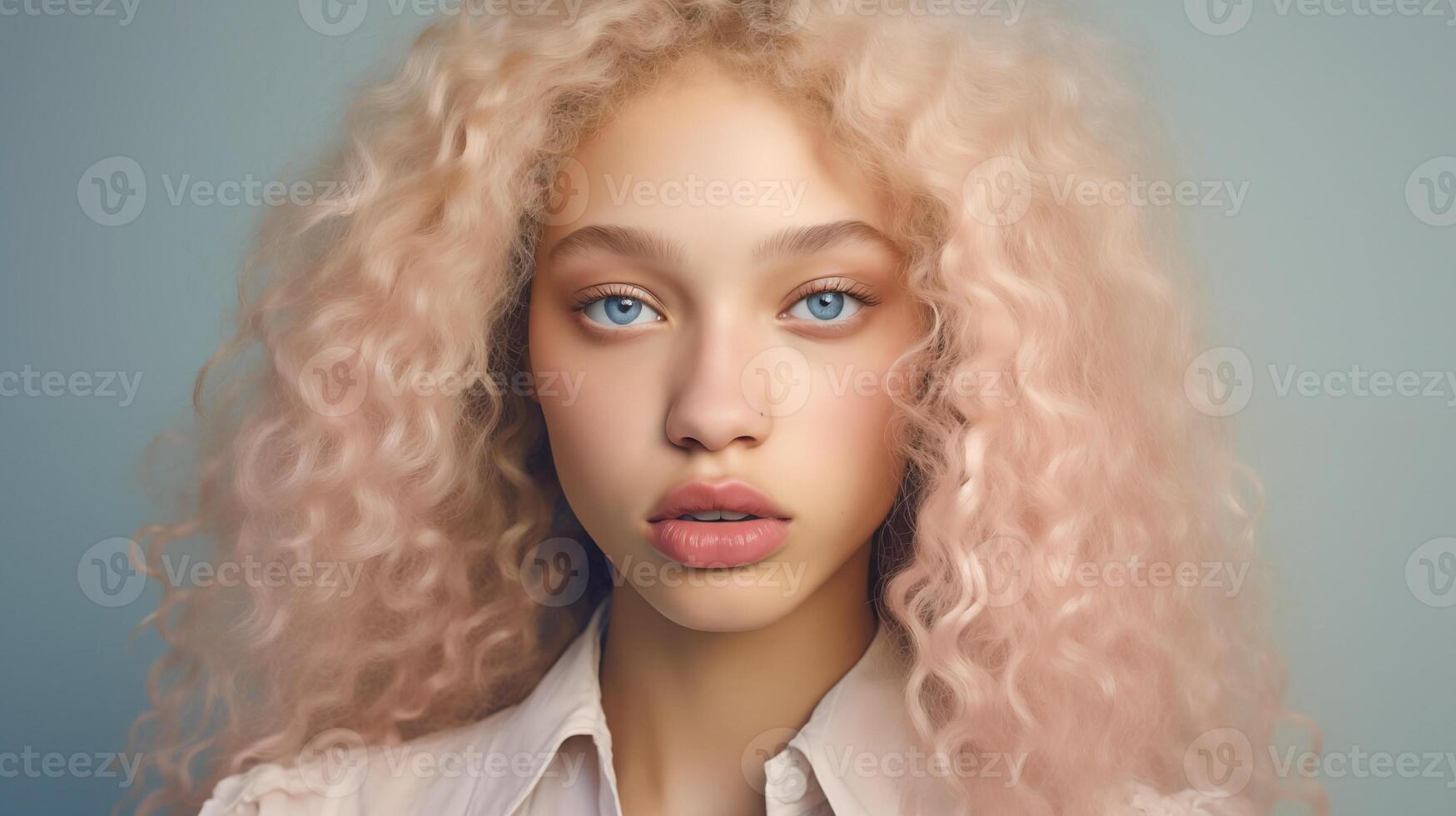 Ethereal portrait of mixed race woman with voluminous curls and soft pastel tones photo