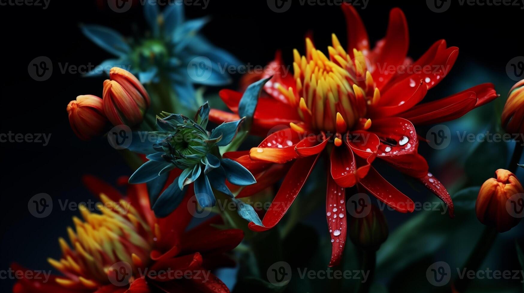 Vivid red dahlia flowers with dew drops on dark atmospheric background photo