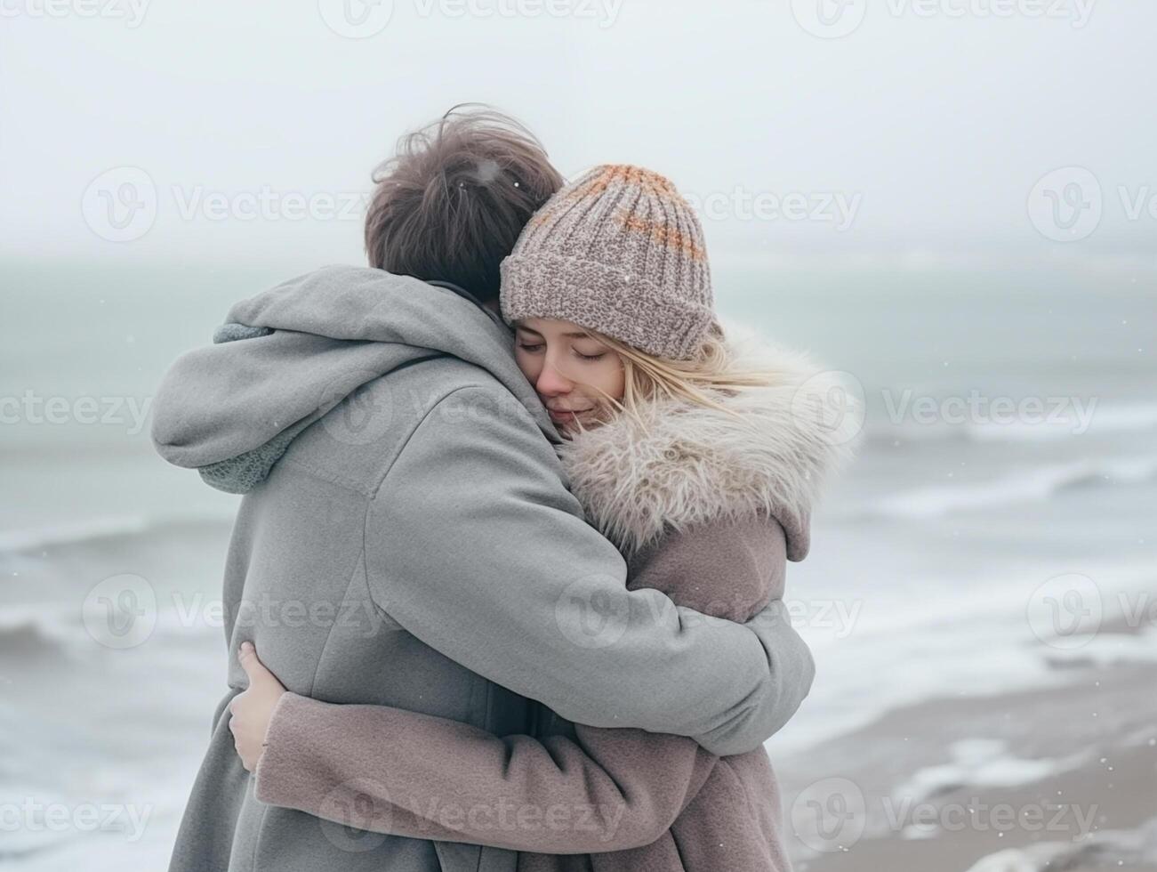 Happy couple hugging on winter beach photo