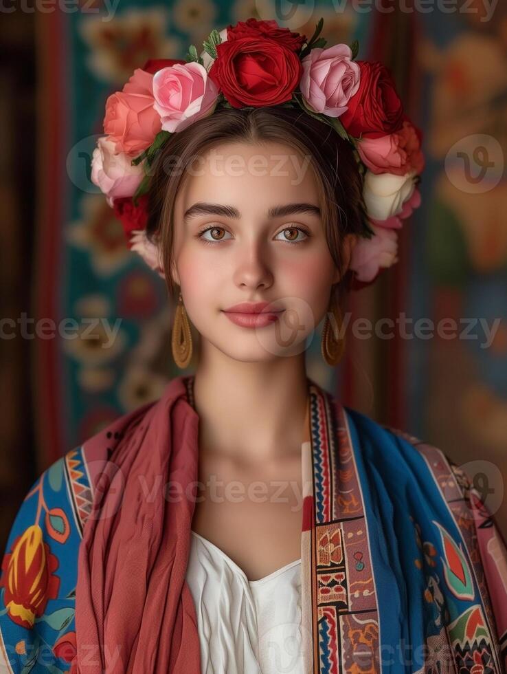 joven niña con Rosa corona en contra un vibrante étnico estampado fondo foto