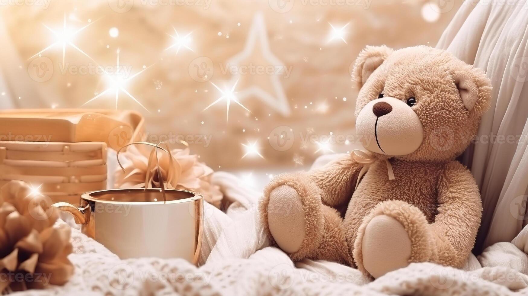 Christmas decor, teddy bear close-up on the background of a cozy interior photo