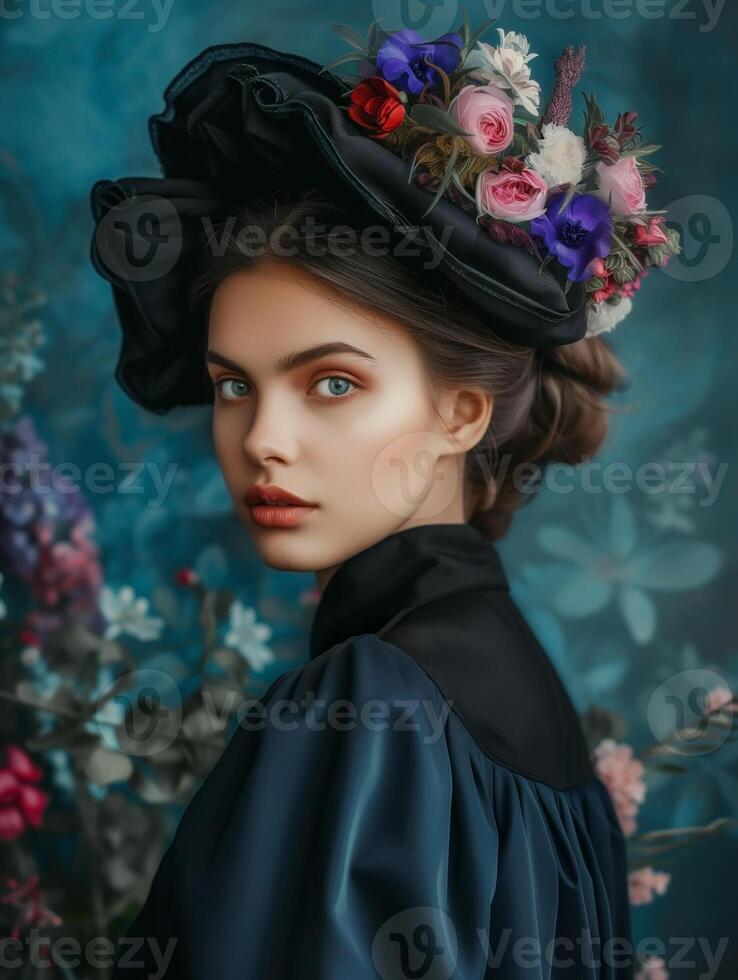 Elegant young woman in vintage hat adorned with colorful flowers photo