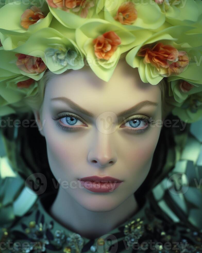 Close-up forest fairy portrait with a woman crowned in a vibrant floral headdress photo