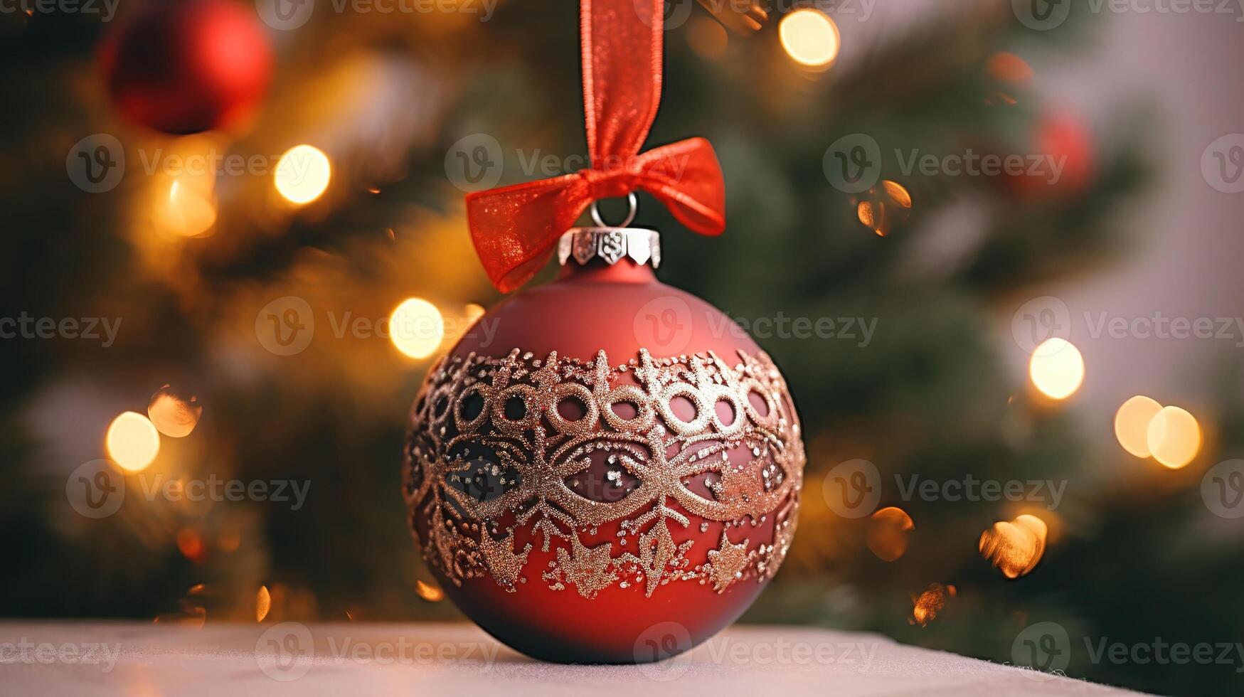 Christmas decorations close-up against the background of a Christmas tree photo