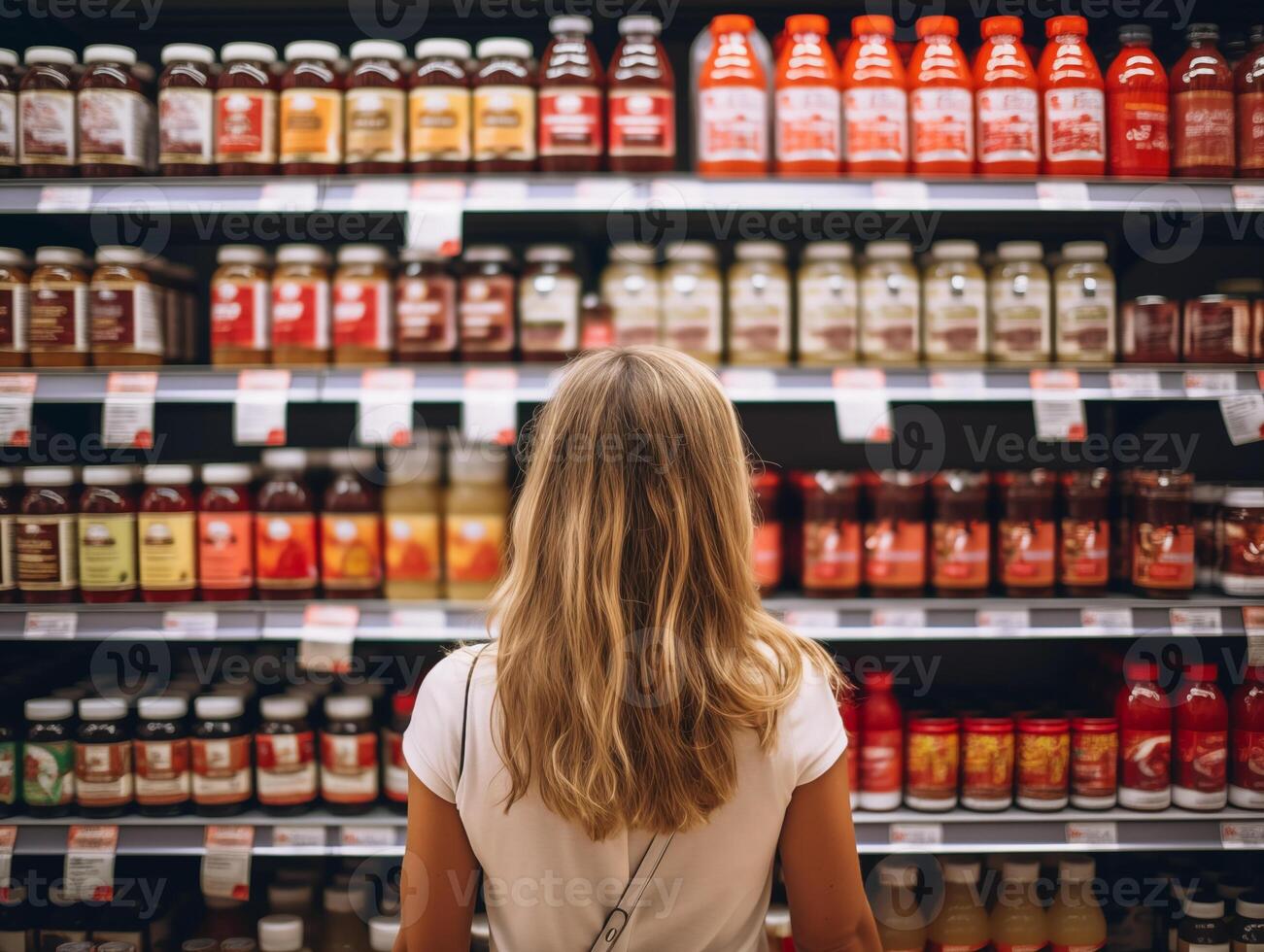 Woman choosing groceries in a supermarket photo