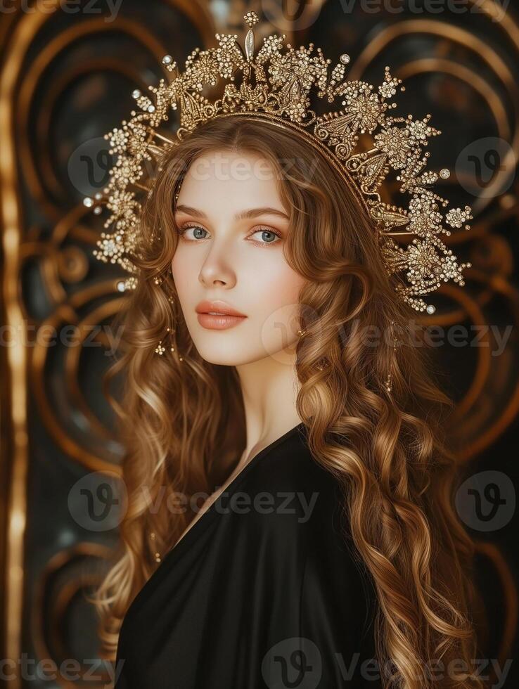 Regal portrait of a woman with a golden crown and elegant curls photo