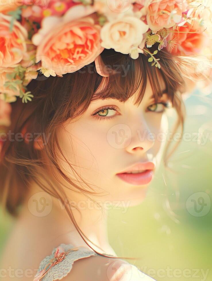 Young woman adorned with vibrant floral headpiece in ethereal portrait photo