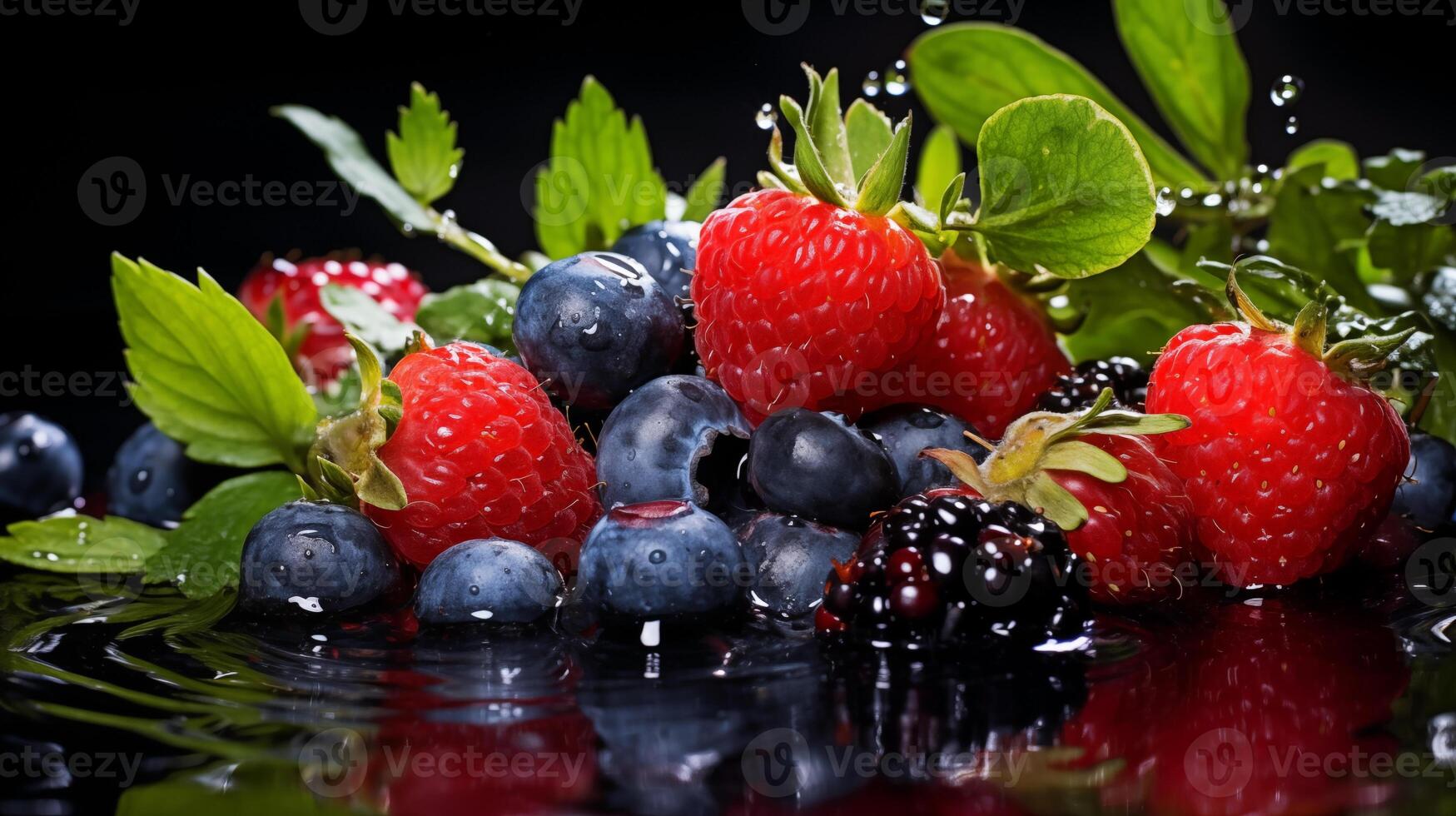 Macro background of assorted berries with splashing water droplets photo
