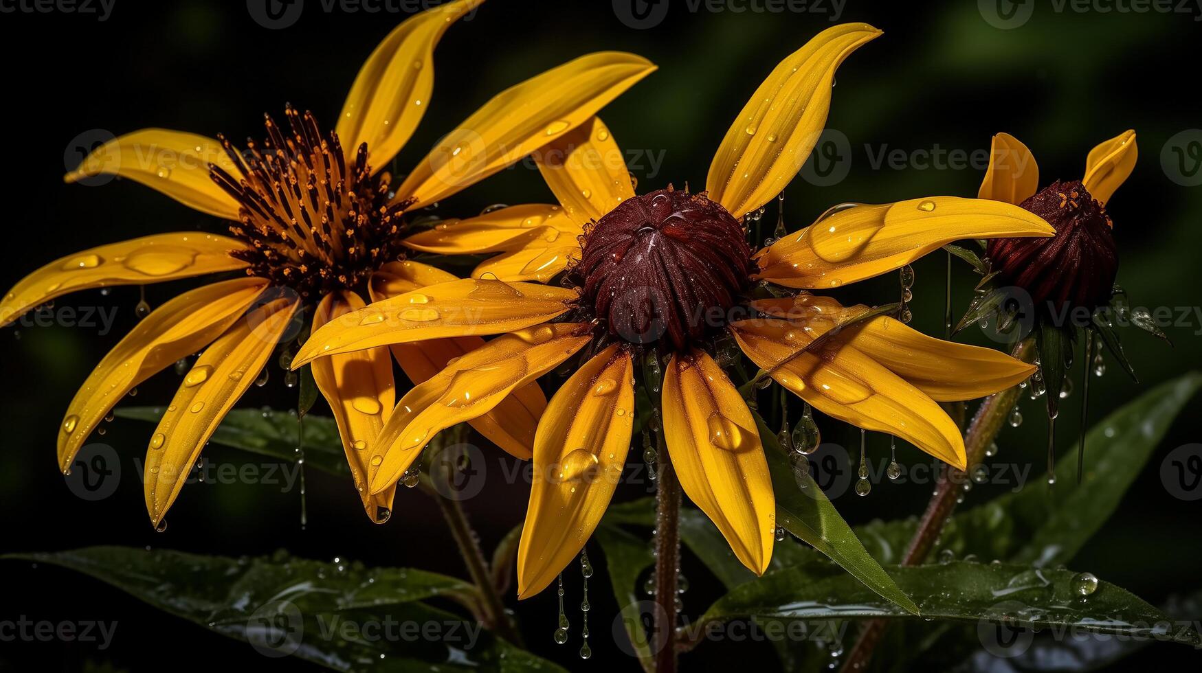 amarillo coneflowers con Rocío gotas en pétalos en contra un oscuro fondo foto