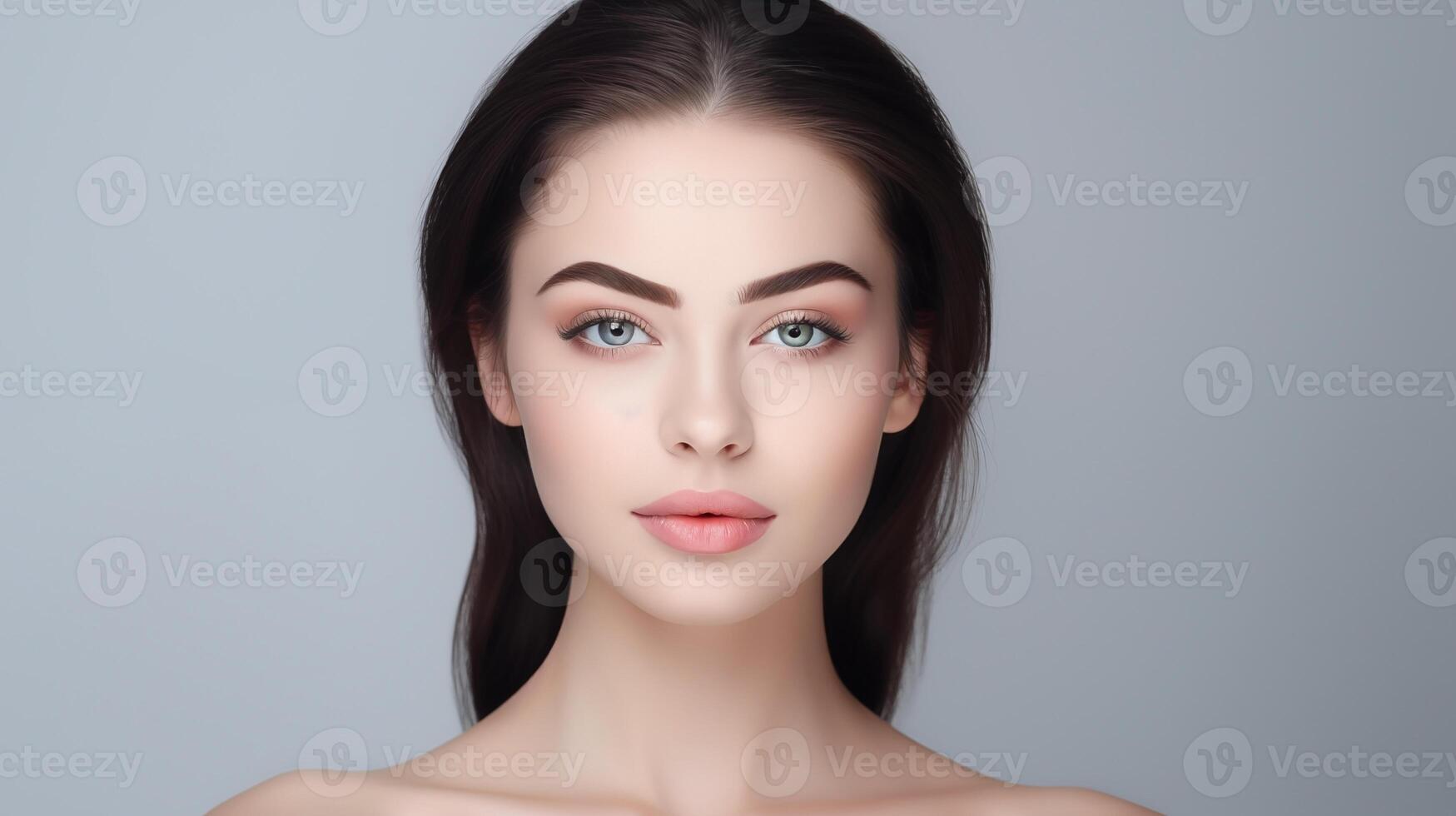 Portrait of beautiful young woman with black hair, blue eyes, plump lips, naive facial expression. Natural beauty with glowing healthy skin. Advertising of cosmetics, perfumes photo