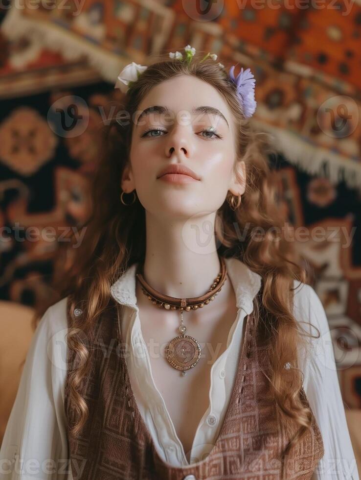 Bohemian girl with subtle flowers in hair posing with ethnic tapestry photo