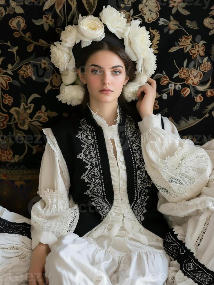 majestuoso niña con blanco flor corona en un tradicional bordado conjunto foto