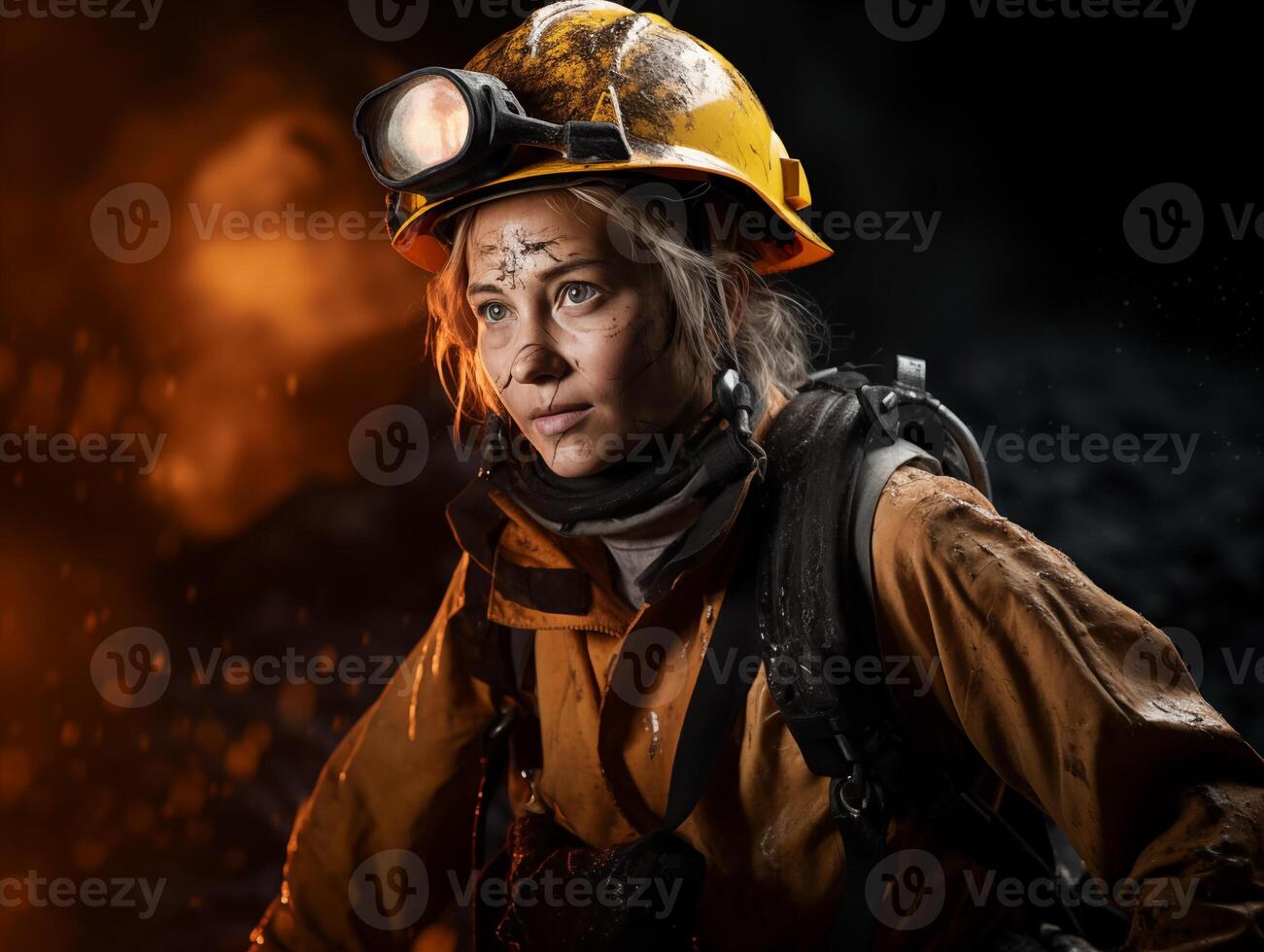 Female miner at work close-up. Woman career concept photo
